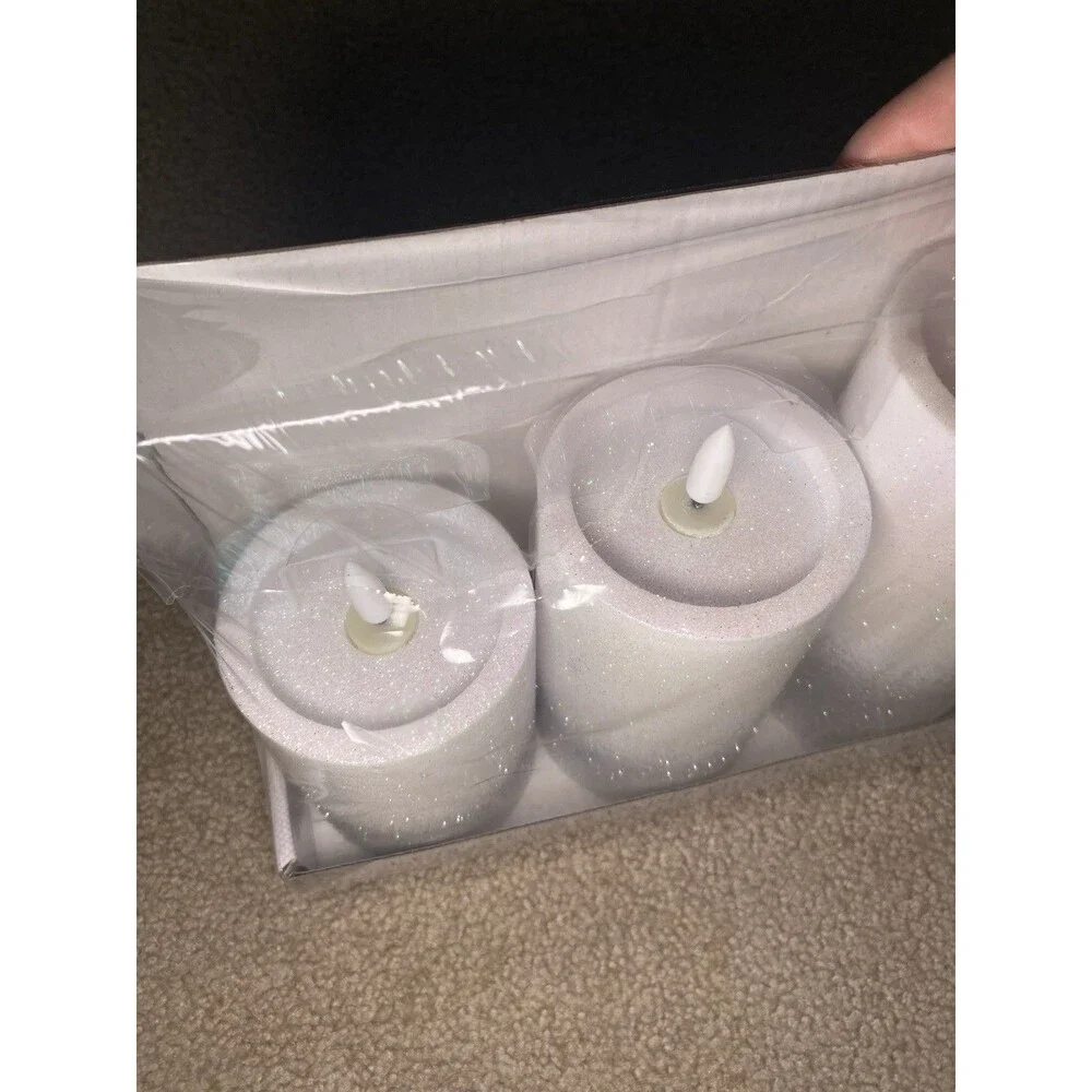 3pc LED Pillar Dust Glitter Candle Set White Silver Ombre New